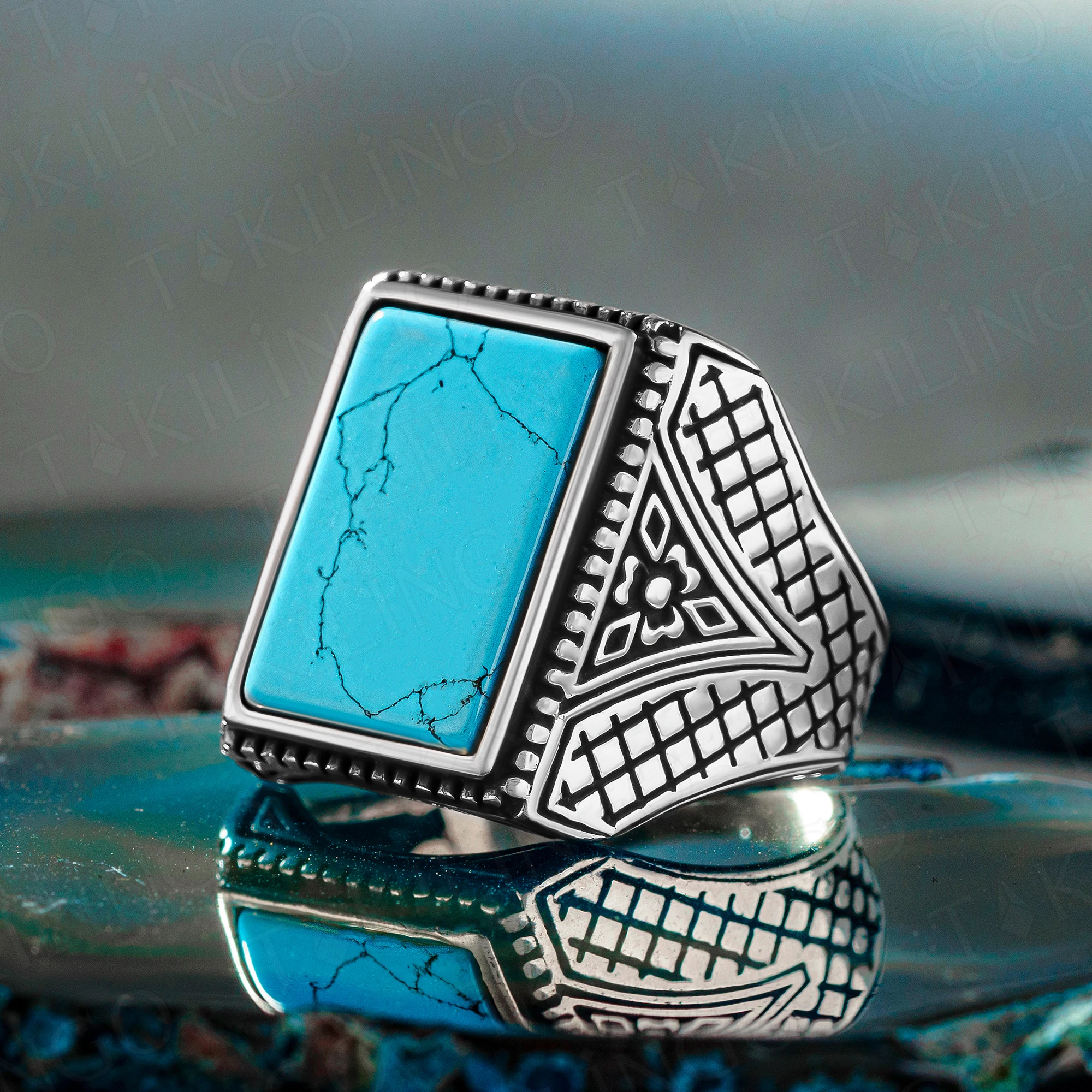 

Solid 925 Sterling Silver Engraving Turquoise Men's Ring Plain Model Turkish Hanmade Silver Jewelry Gift For Men