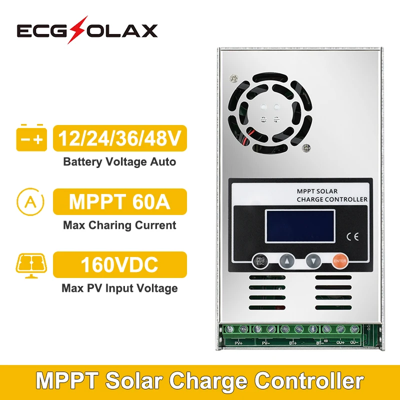 ECGSOLAX 60A Solar Charge Controller 12V 24V 36V 48V attery Charge Regulator 60A Solar Controller LCD displayMax PV 150VDC Input