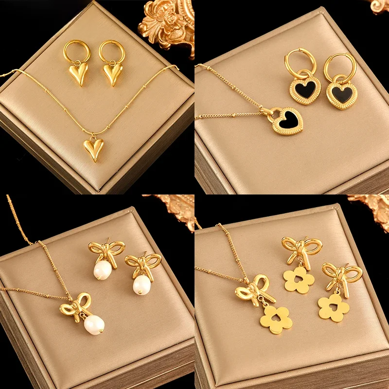 Eilieck 316l Edelstahl Herz Blume Perle Halskette Ohrringe Set für Frauen Modeschmuck Set