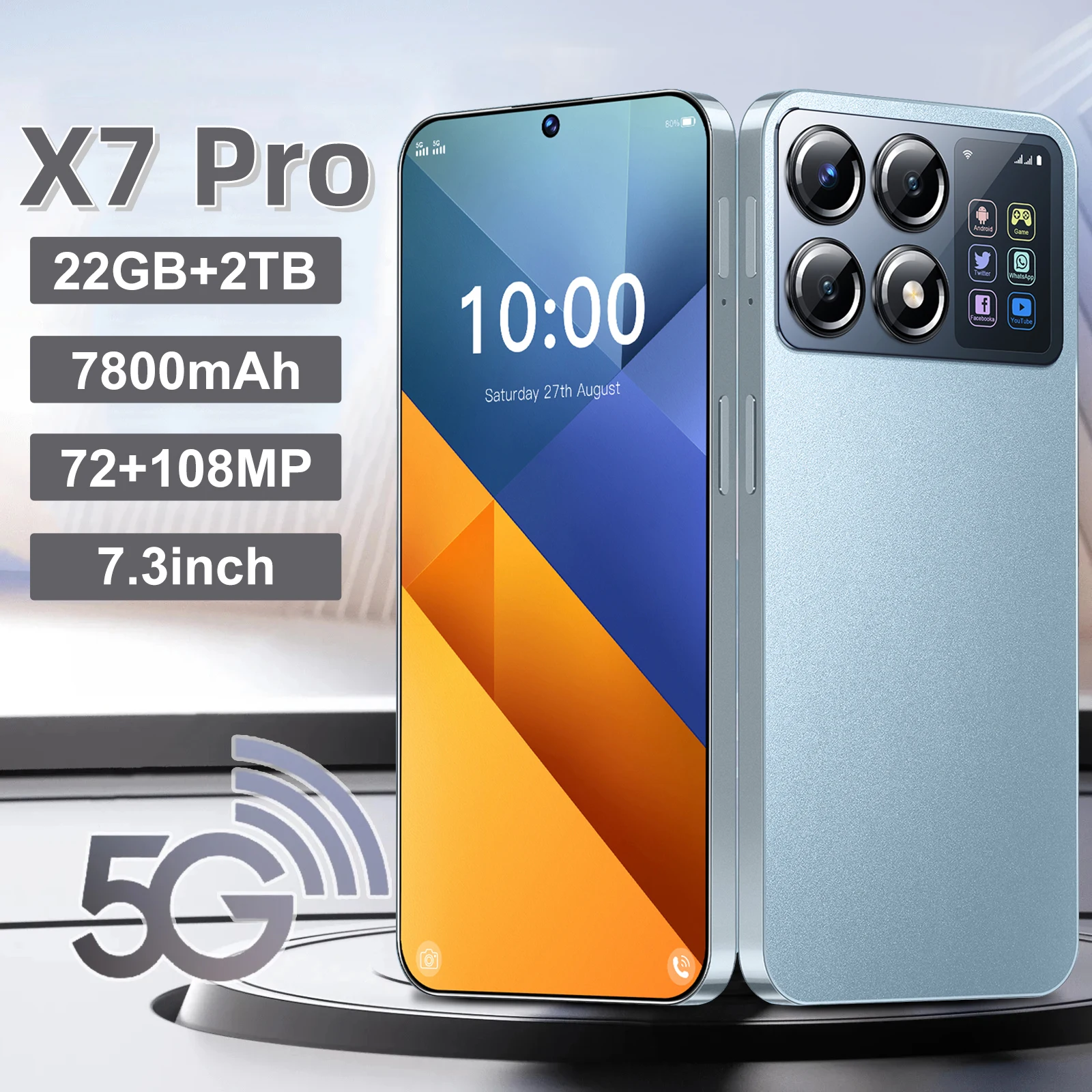 2024 NEW Original X7 Pro Mobile Phones 7.3inch HD smartphone 5G 22G+2T Dual Sim Global Version Hot Sale Cellphones Face unlocked