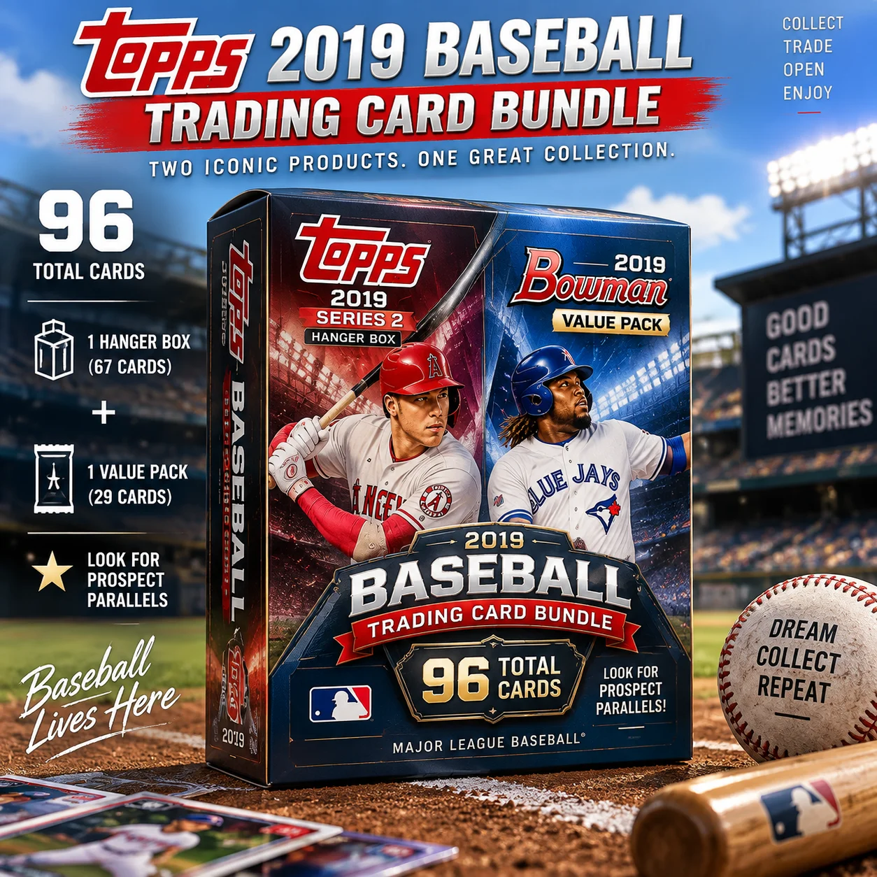 2019 Baseball Value Pack + Topps Series 2 Baseball Hanger Box, 96 Cards Total Trading Card Bundle with Prospect Parallels for Baseball Collectors, Hobby Collections, Card Displays & Pack Opening Experiences