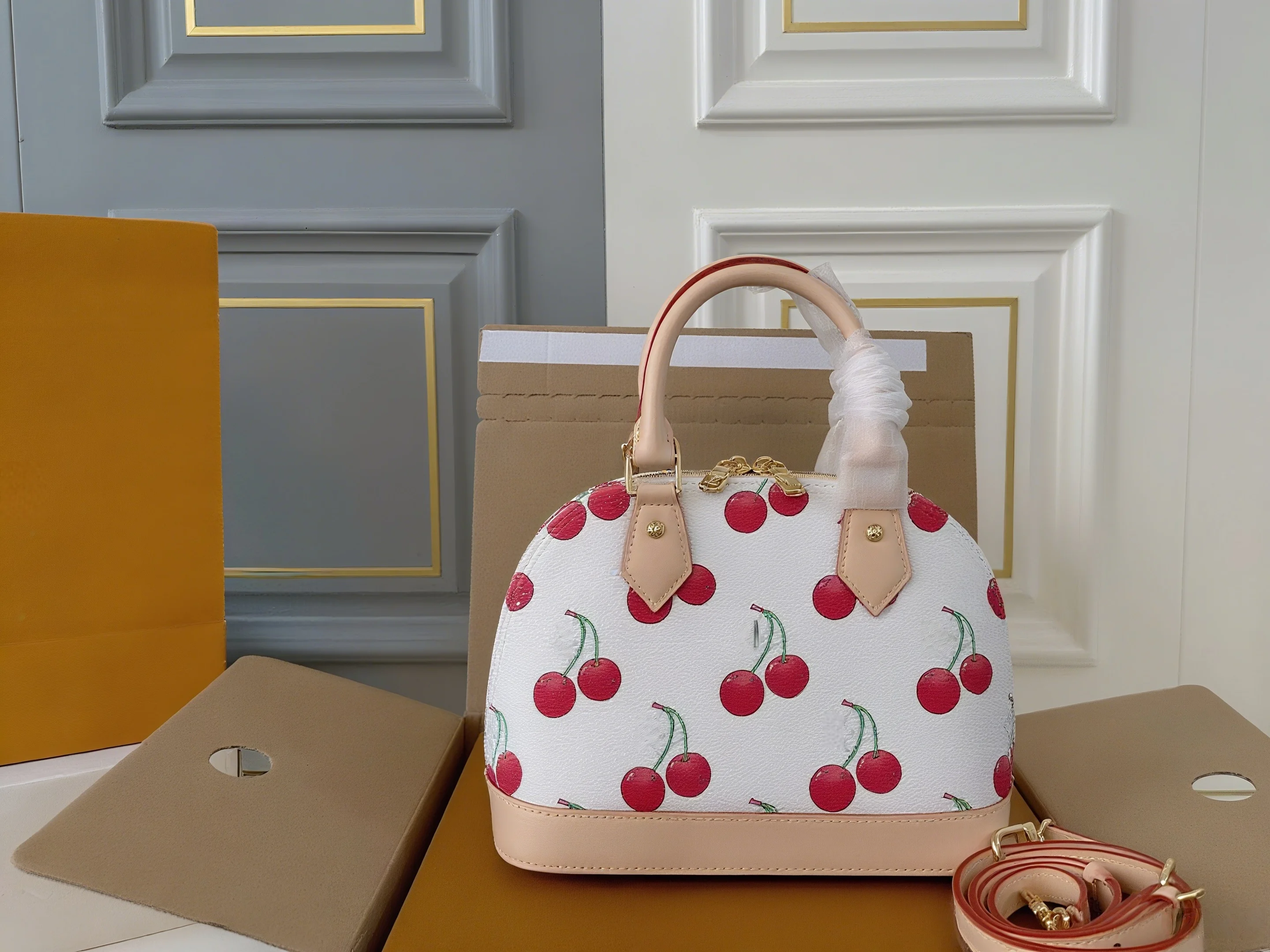 

US Local Store - Cute Cherry Print Women's Half-Moon Handbag, Stylish Top-Handle & Crossbody Bag