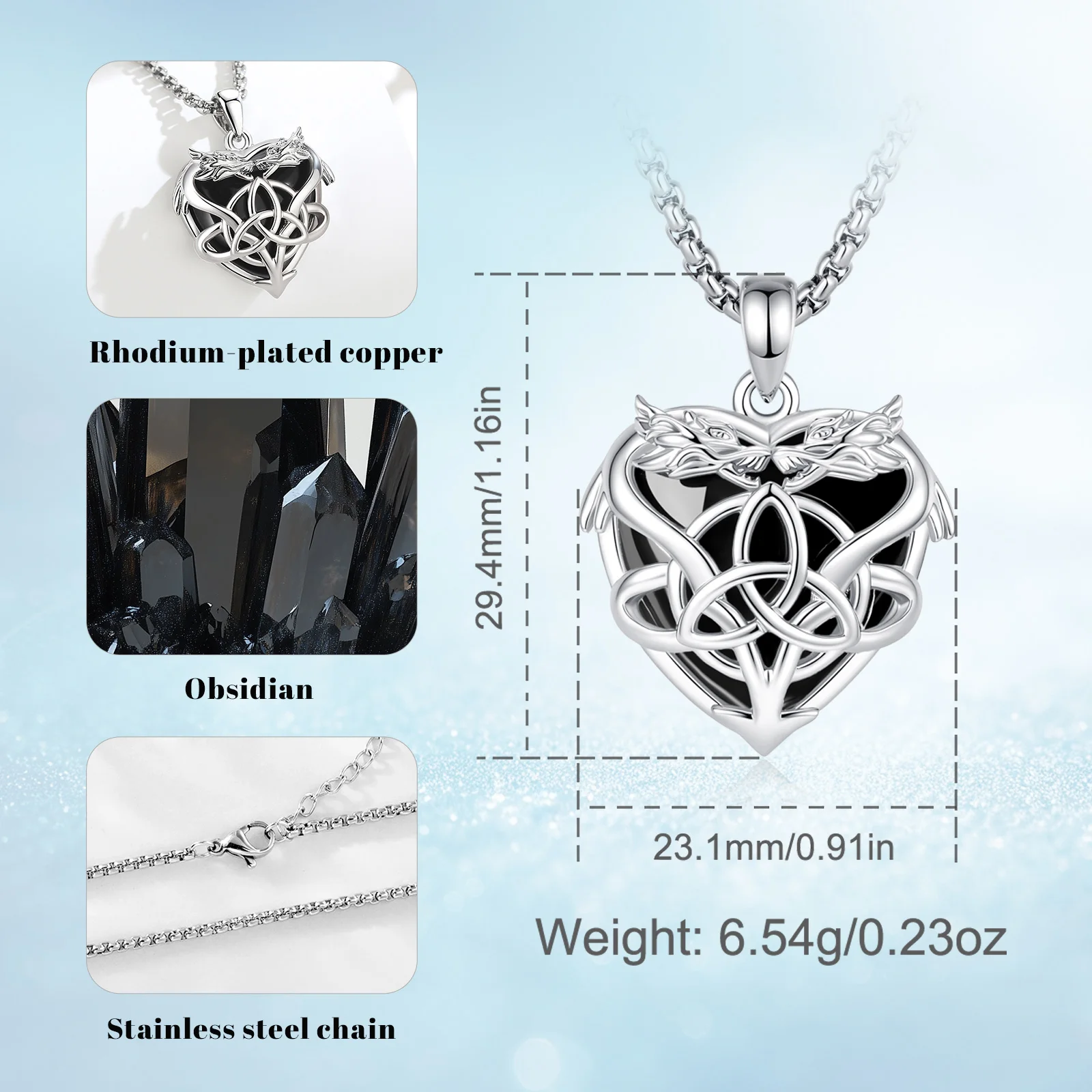 Eudora Obsidian Dragon Witch Knot Necklace Celtic Knot Amulet Pendant Wicca Pagan Spiritual Jewelry Gift for Women Men