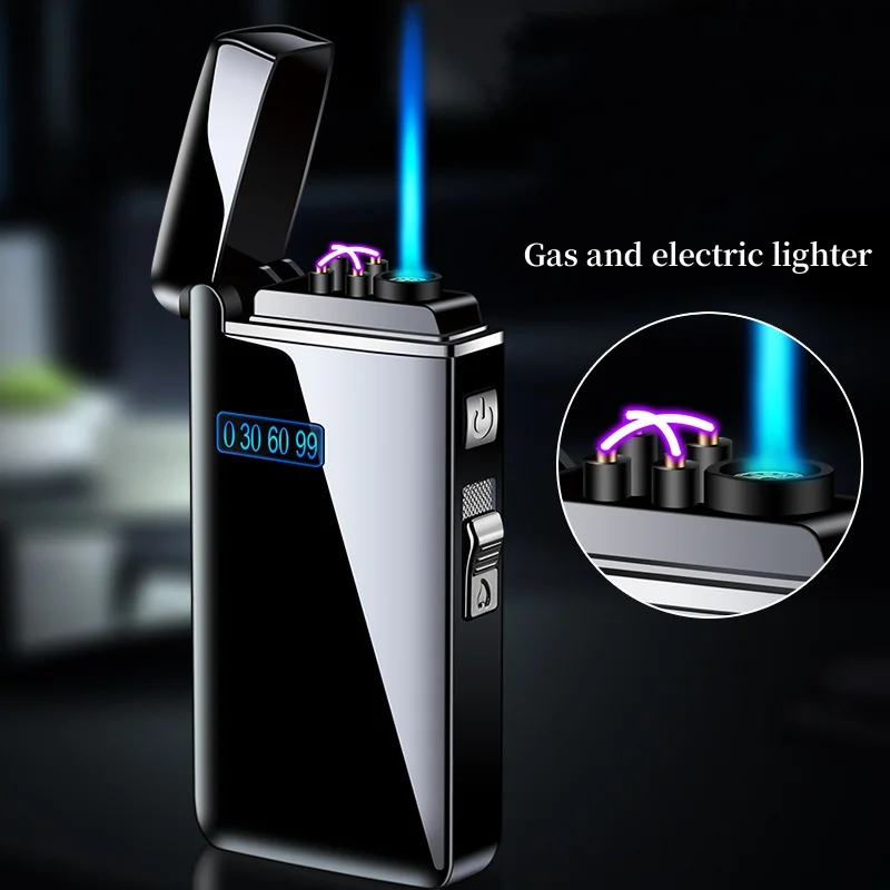 Dual Arc Metal Windproof Plasma USB Turbo Lighter Outdoor Blue Flame Torch Butane Gas Cigar Lighter High Power Men's Gadget