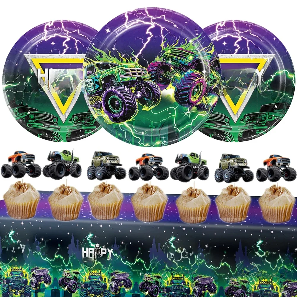 DĂ©coration d'anniversaire de camion monstre, assiette de fĂȘte jetable, tasse, nappe, confiture de monstres, rĂ©ception-cadeau pour bĂ©bĂ©, camion monstre, cadeau de fĂȘte