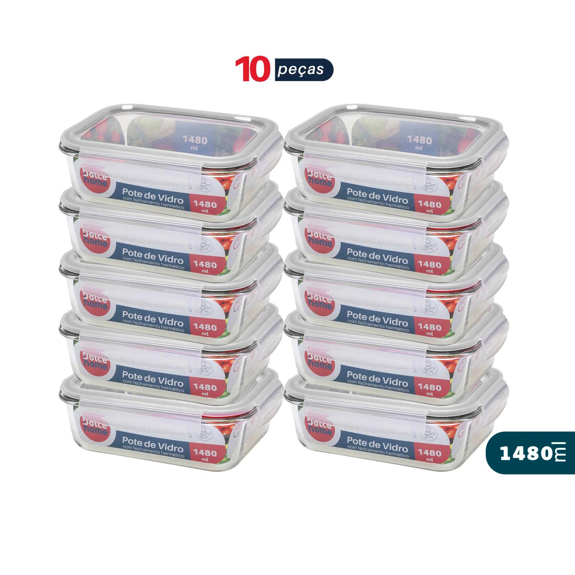 Pote Hermético De Vidro Kit C/ 10 Potes De 1480ml - C/ Trava