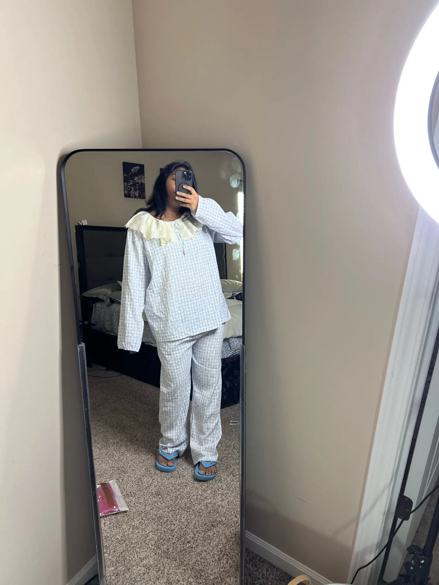 Sweet Large Collar Lace Trim Pajamas for Women with Plaid Long Sleeves and Long Pants Student Home Wear Large Size 2 Piece Set photo review
