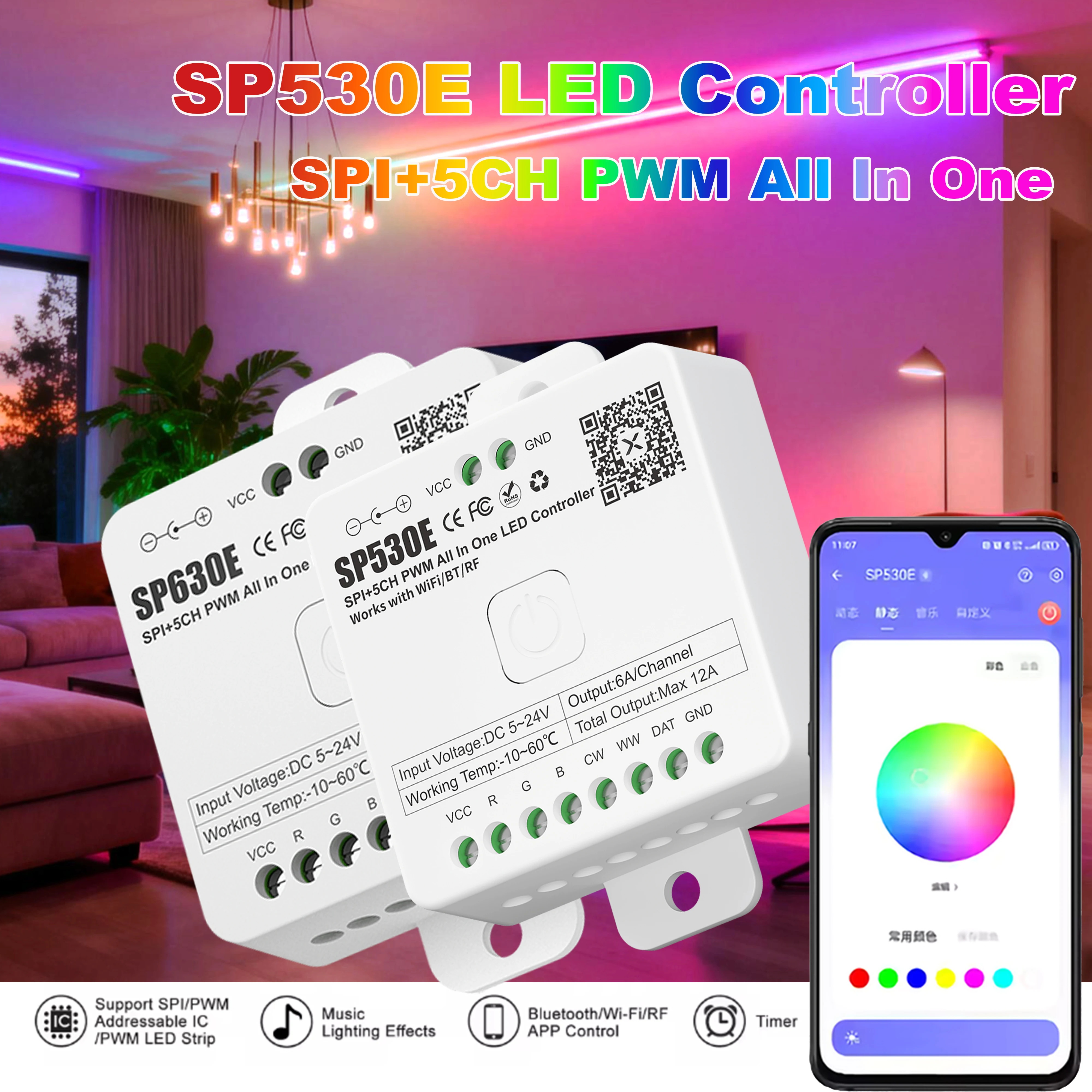All In One LED Controller SP530E Wifi Alexa Google Home BT SP630E 5CH PWM SPI Pixels LED Strip Light WS2812 SK6812 WS2811 FCOB