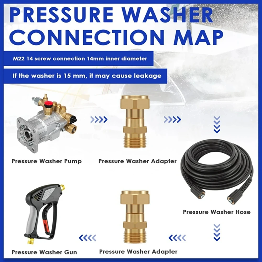 Pressure Washer Swivel Joint Hose Adapter Kink-Free Gun and Hose Connection Metric Anti-Twist M22 14 mm Connection 3000 psi