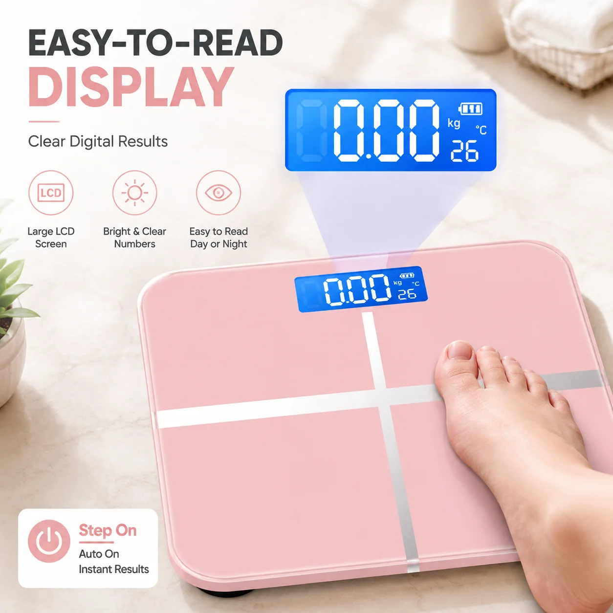 Digital Bathroom Scale, Electronic Body Weight Scale with LCD Display, Tempered Glass Platform, High Accuracy Personal Weighing Scale for Home Fitness and Bathroom Use