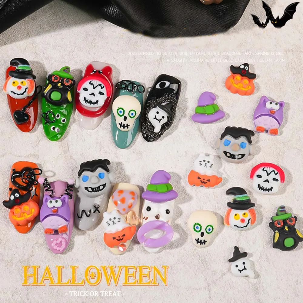 20Pcs Halloween Nail Art Charms 3D Resin Punk White Ghost Cute Cartoon Festival Designs Nail Decoration 10 Shapes Nail DIY Parts