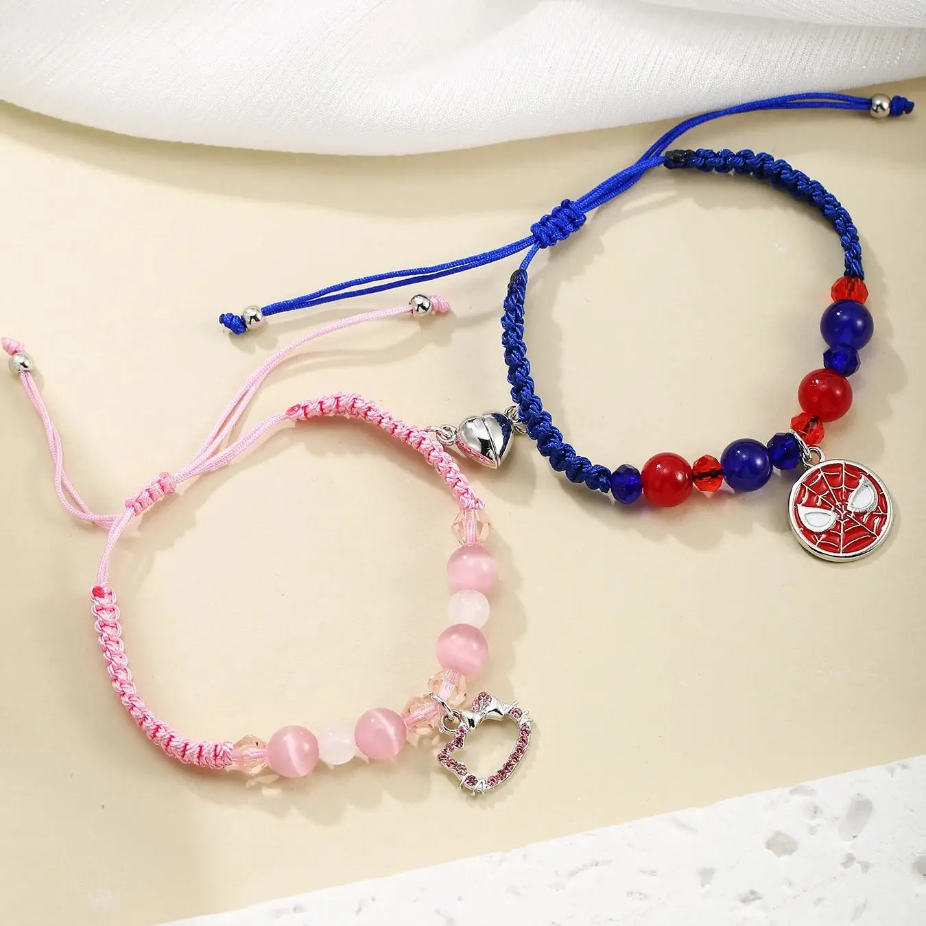 2 pcs of Pink and Blue String Spider and Cat Pendant Heart Shaped Magnet Couple's Bracelets, Bff Trendy Jewelry Gifts