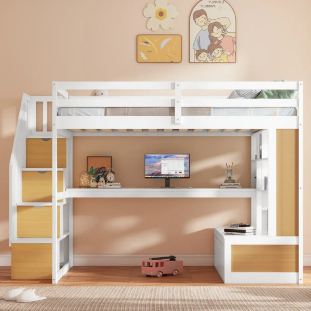 Full Size Loft Bed with Desk Drawers Storage Staircase Suitable for school dormitories and children's bedrooms can store desks