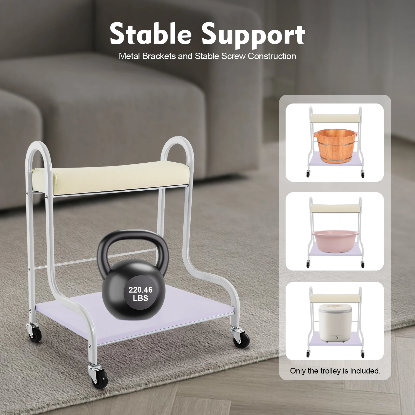 Pedicure Foot Rest, Salon Pedicure Cart Massage Table with Wheels&PU Cushion Pad Foot Bath Spa Trolley Cart Pedicure Stand for Salon Home Use Holds 220.46lbs