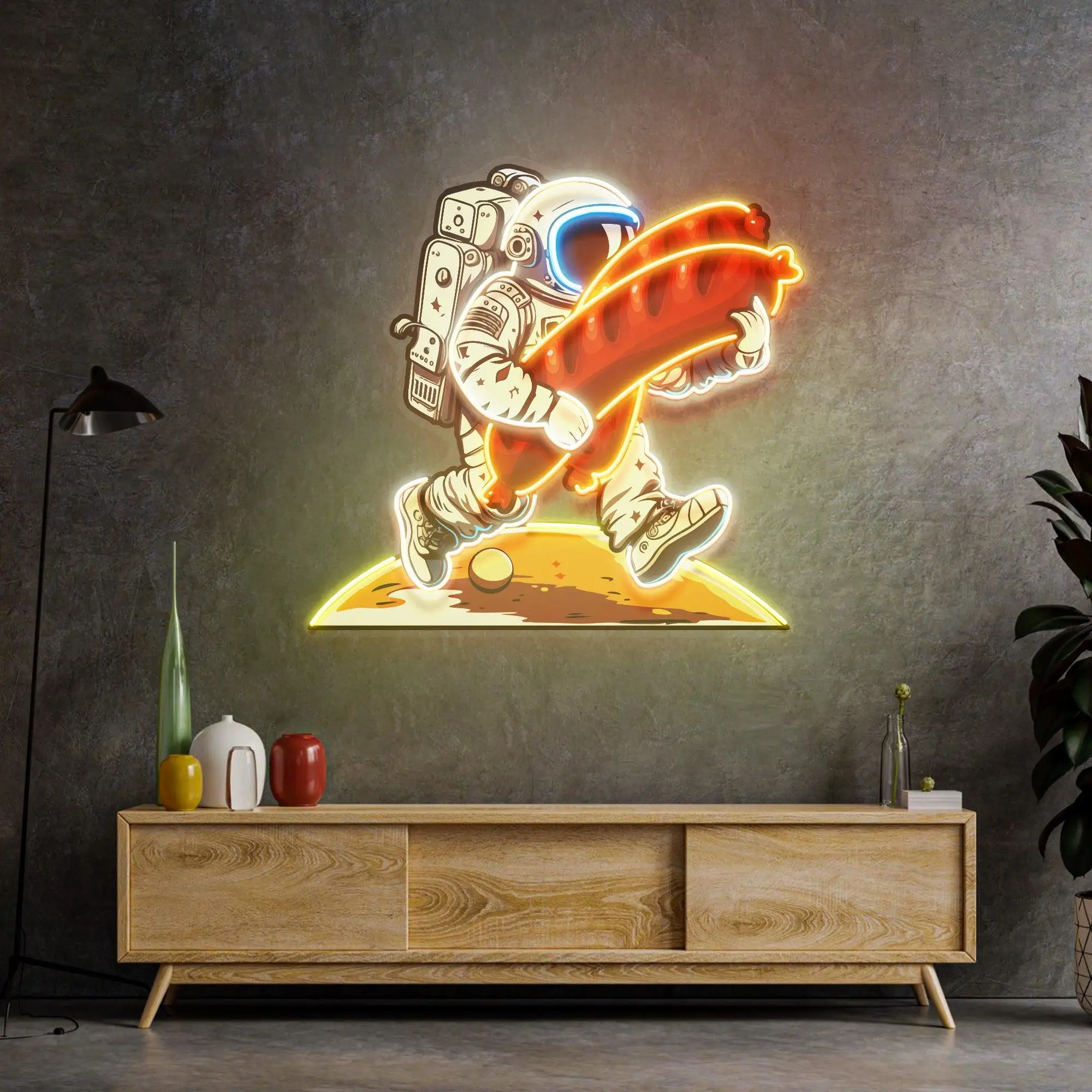 Astronaut and Sausage Neon Sign Acrylic Wall Decor Birthday Gift for Boys Bedroom Night Sign Gmae Room Restaurant Shop Food Sign