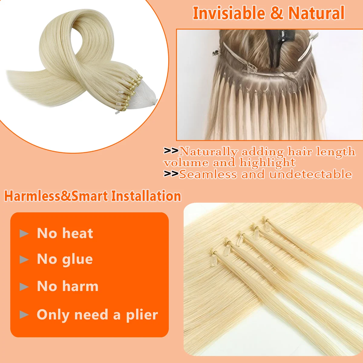 Platinablond echt menselijk haar Micro Loop Hair Extensions Micro Bead Cold Fusion Onzichtbare Micro Link Hair Extensions Lijmloos
