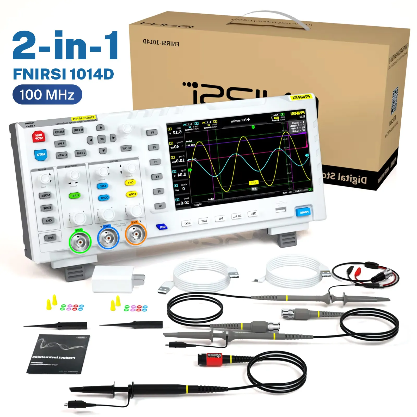 FNIRSI 1014D Oscilloscope numérique 2 en 1 générateur de Signal d'entrée double canal 100 MHz * 2 bande passante analogique 1GSa/s taux d'échantillonnage