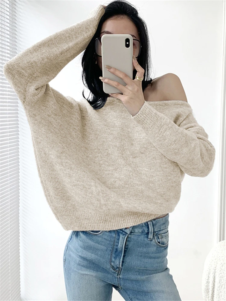 Colorfaith New 2022 Vintage Korean Fashion Slash Neck Sexy Oversized Irregular Knitted Women Autumn Winter Sweaters Tops SW2704