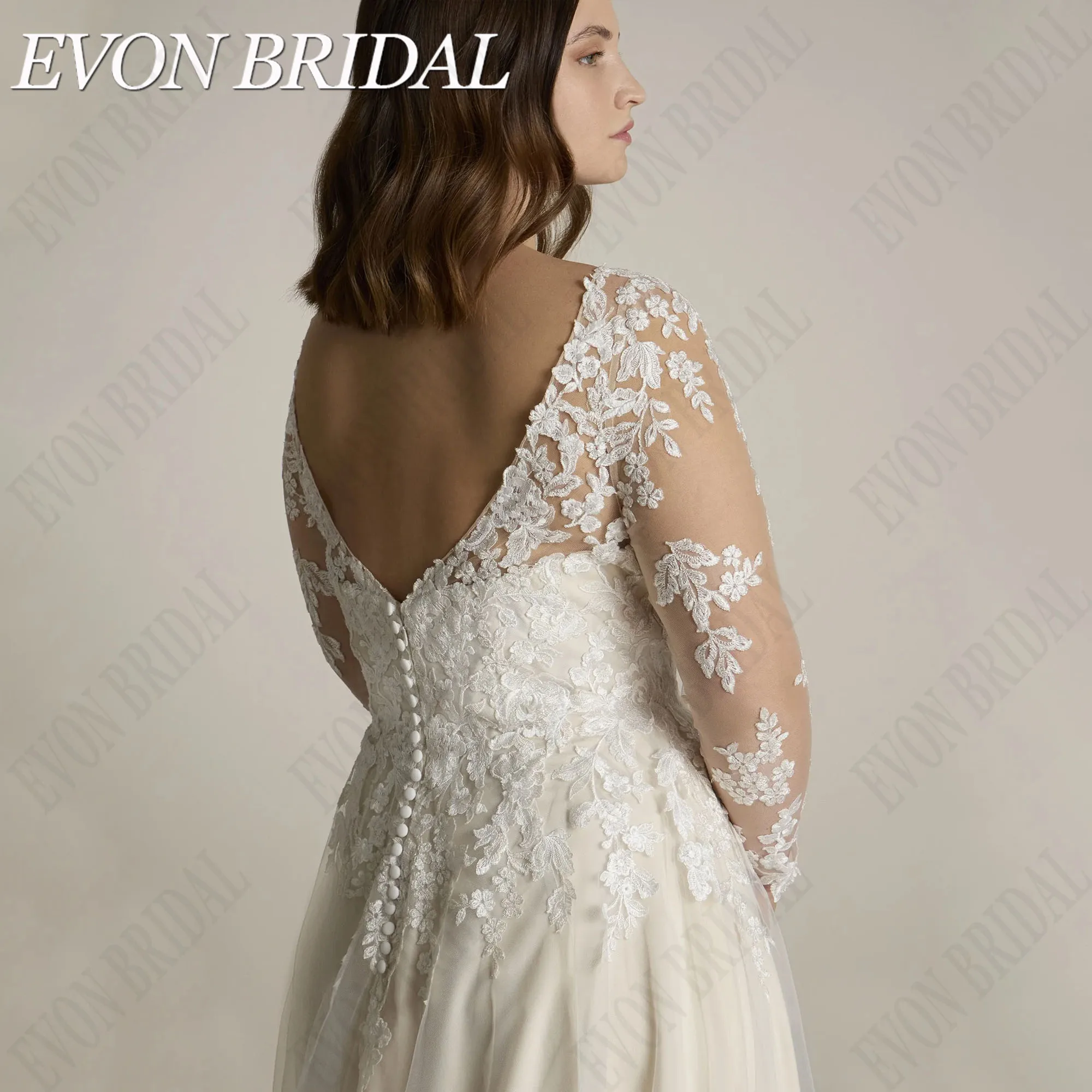 EVON BRIDAL Elegante A-lijn trouwjurk lange mouwen kant bruidsjurken Plus size vestidos De Novia V-hals applique rugloosEVON BRIDAL Elegante A-Lijn Bruidsjurk Lange Mouwen Kant Bruidsjurken Plus Size Vestidos De Novia