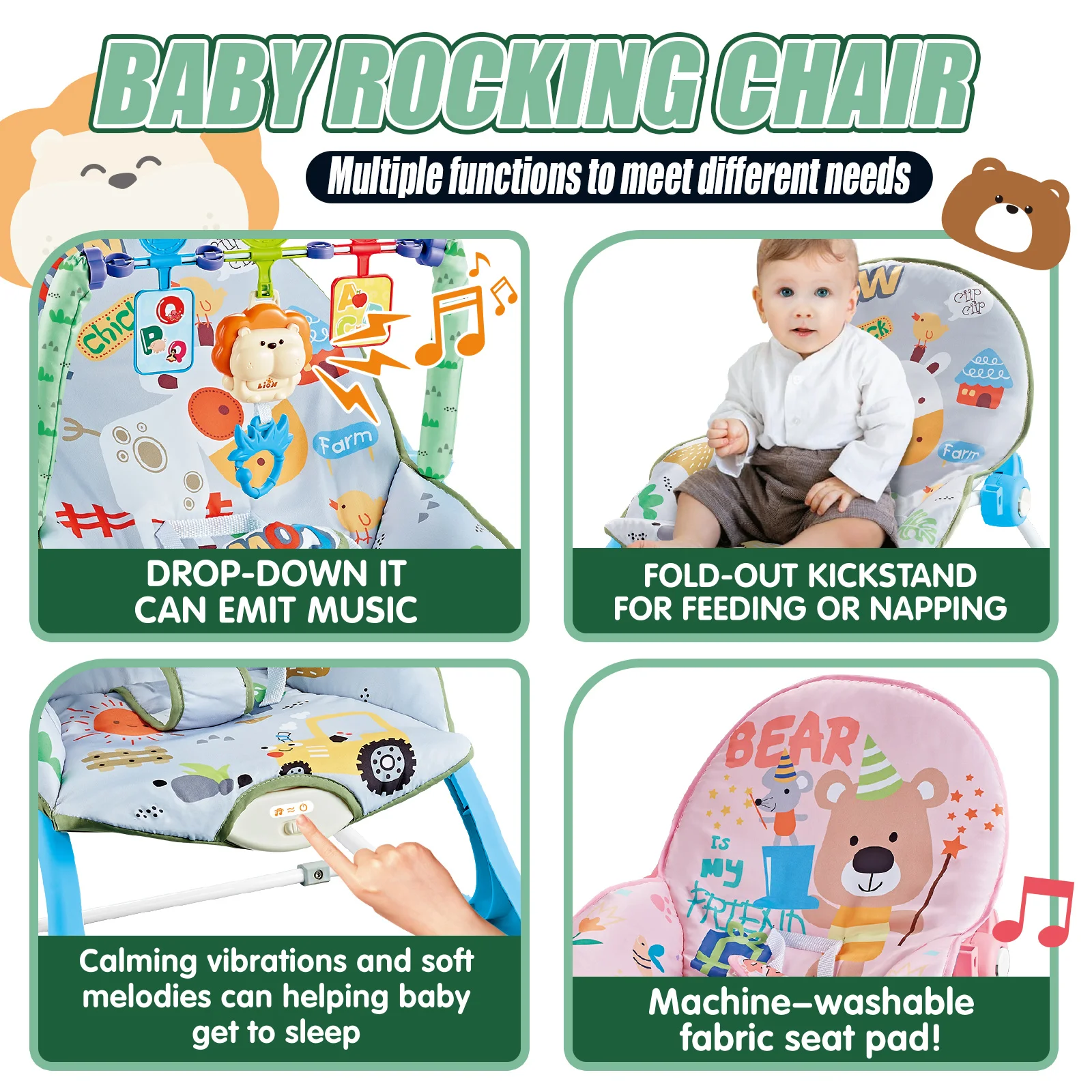 2-in-1 Convertible Baby Rocker & Bouncer Seat with Music, Vibration & Interactive Toys, Adjustable Infant Rocking Chair for Baby