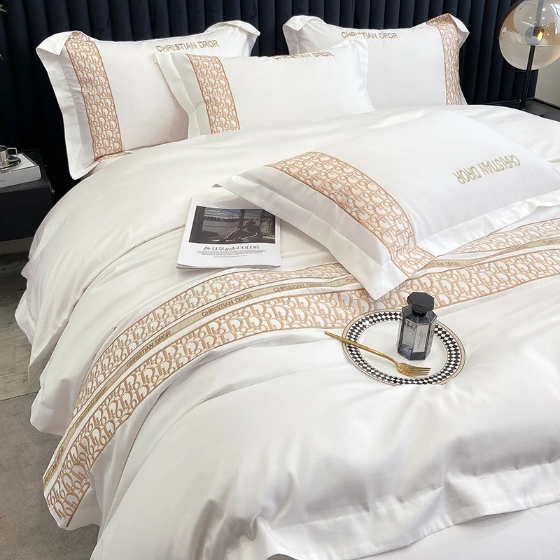 White Egyptian Cotton Gold Embroidery Bedding Set Duvet Cover Bedspread Sheet Pillowcases Mattress Cover King Queen Size