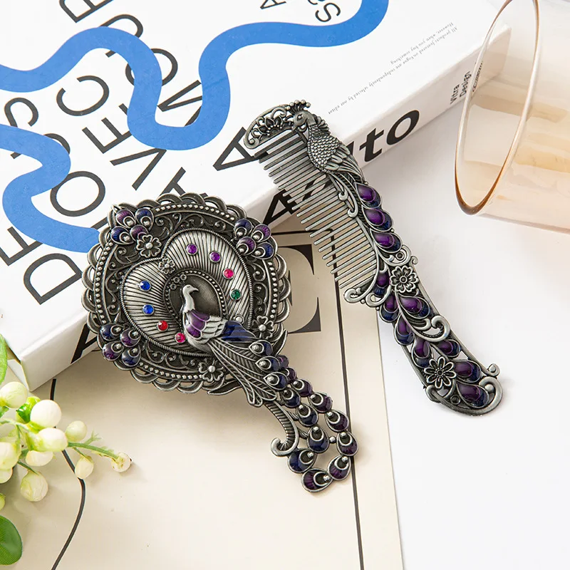 Schminkspiegel aus Metall, kleiner Spiegel, Pfauenspiegel, Retro-Spiegel, tragbarer Griff, Spiegelkamm, hochauflösender Schminkspiegel