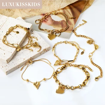 LUXUKISSKIDS 여성용 청키 러브 하트 부적, 스테인레스 스틸 팔찌, 트렌디한 18K 금도금 체인, 파티용 비쥬, 쥬얼리 Best5 LUXUKISSKIDS 여성용 청키 러브 하트 부적, 스테인레스 스틸 팔찌, 트렌디한 18K 금도금 체인, 파티용 비쥬, 쥬얼리 Best5