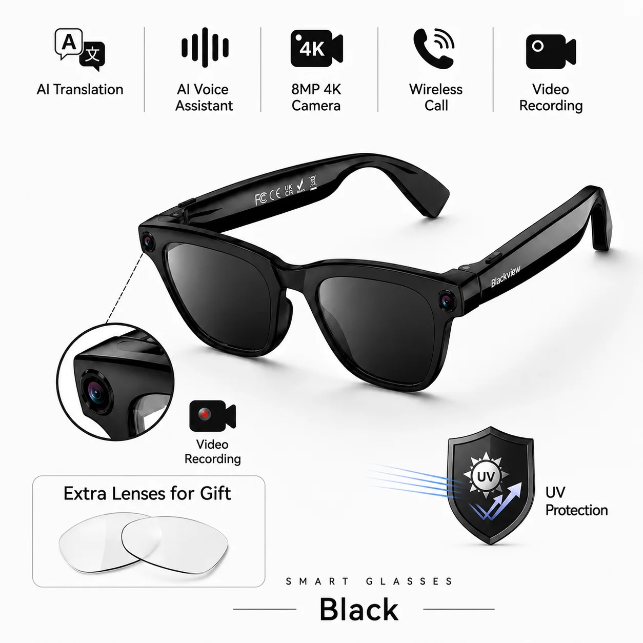 Blackview 4K 8MP BV300 AI Smart Bril Kleurveranderende AI Vertaling Foto's Video-opname Oproep Audio Slimme Zonnebril Man Nieuw
