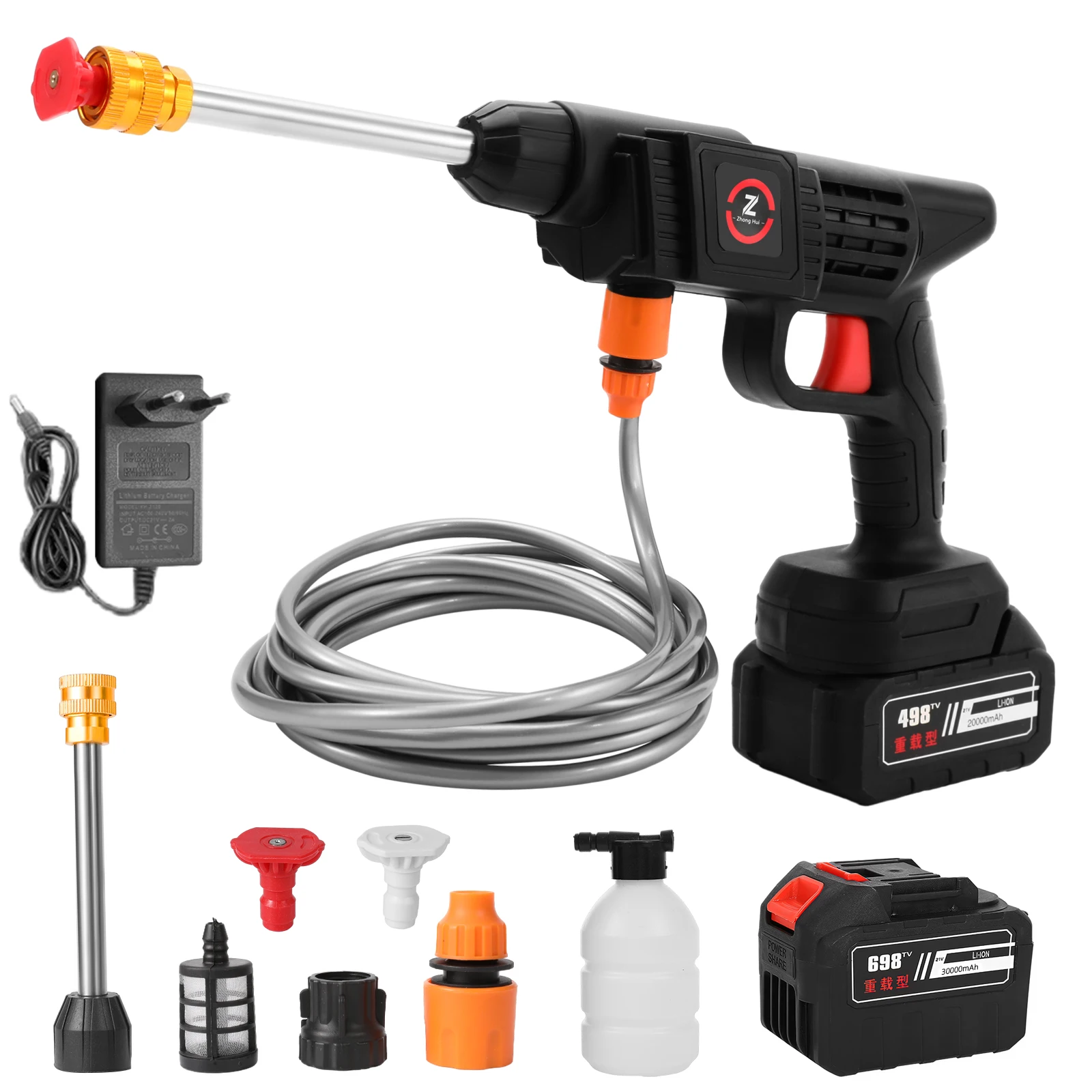 30BAR Cordless High Pressure Car Wash Gun Foam producer Water Gun Gun Spray Car Washing Machine With 2 Batteries