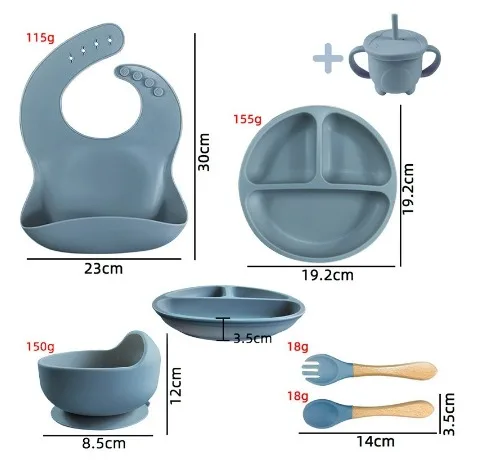 Conjunto de Alimentação Kit para Bebês de Silicone 8 Peças Prato Babador Copo Tigela Talher Bebê Criança