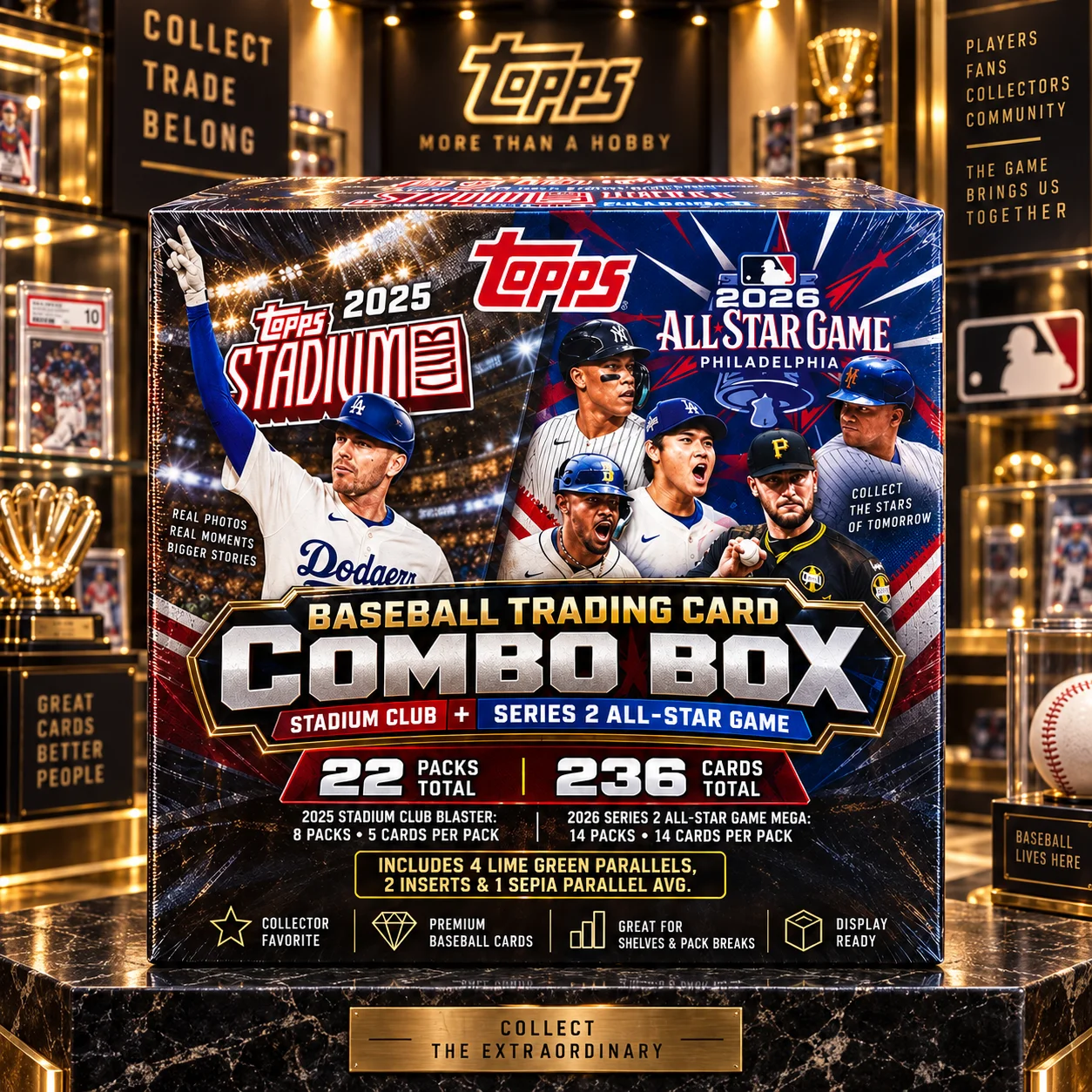 2025 Topps Stadium Club Baseball Blaster Box + 2026 Topps Series 2 Baseball All-Star Game Mega Box, 236 Cards Total Baseball Trading Card Bundle for Collectors, Hobby Collection, Display Shelves & Pack Opening Events