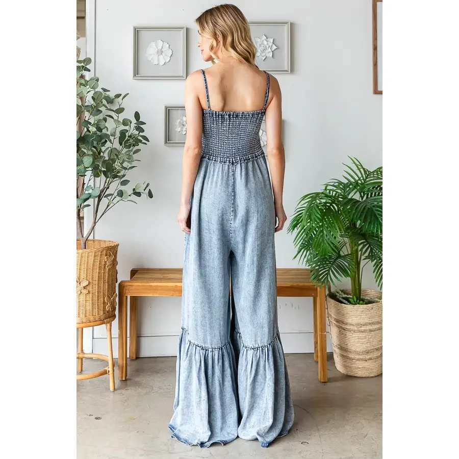 025 Trendy Women's Off-Shoulder Denim Jumpsuit - Smocked Wide Leg, Ruffled Hem Cotton Blend, Casual Chic for Spring/Summer/Fall