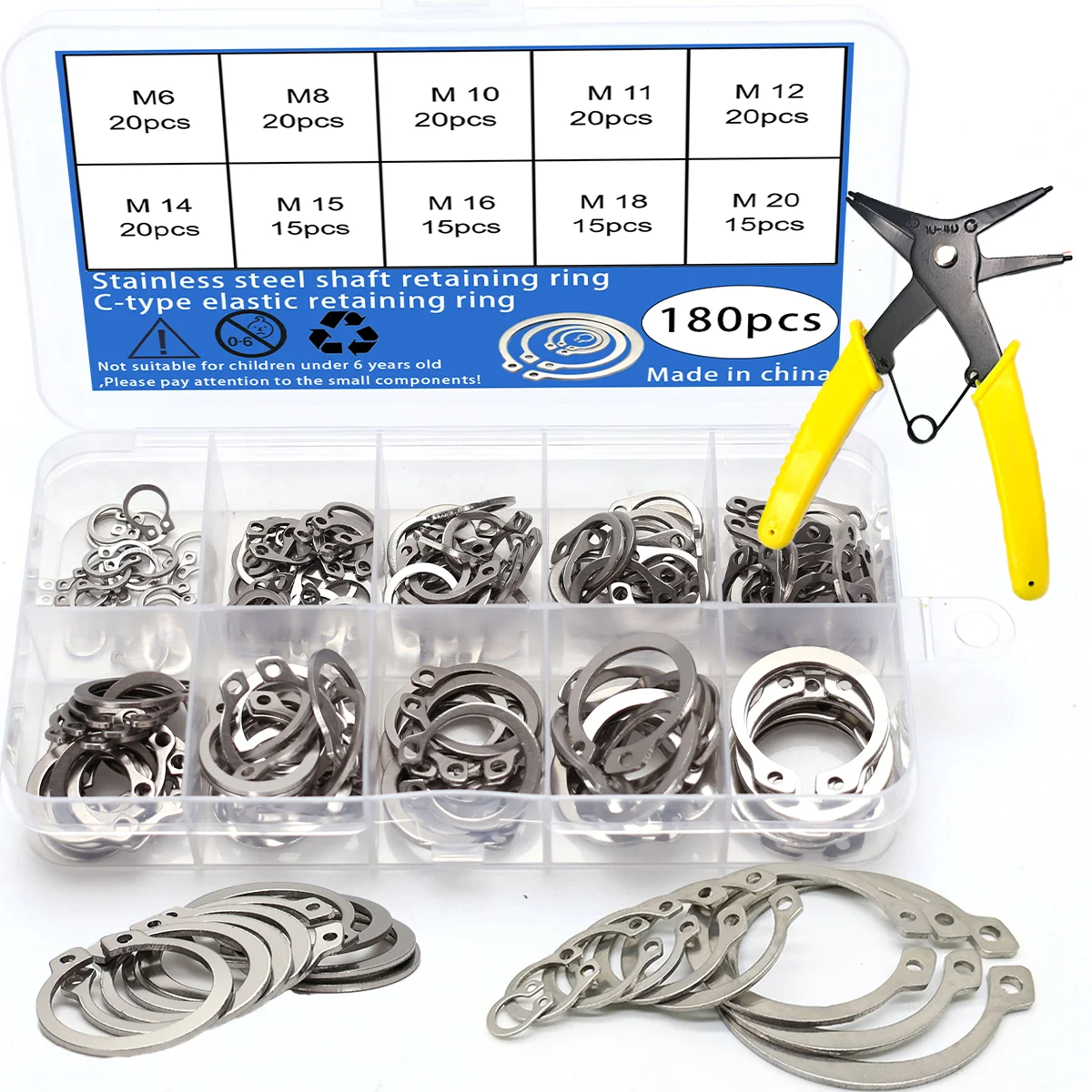 180pcs Stainless Steel Outer Circlip Retaining Ring Set, C-Type Circlip and Circlip, Circlip Pliers, SUS/C-Type Retaining Ring