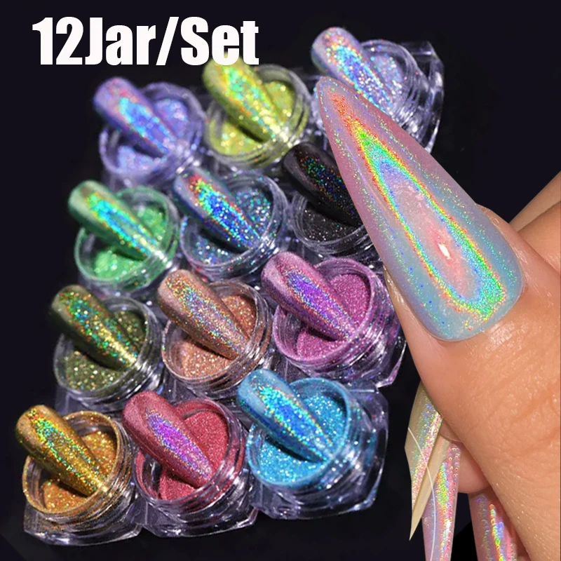 12 ขวด/ชุดเลเซอร์ Shining Rainbow เล็บ Glitter ULTRA-Fine Sparkly Holographics Pigment RUB ฝุ่นพราว Chrome สําหรับเล็บ & * &