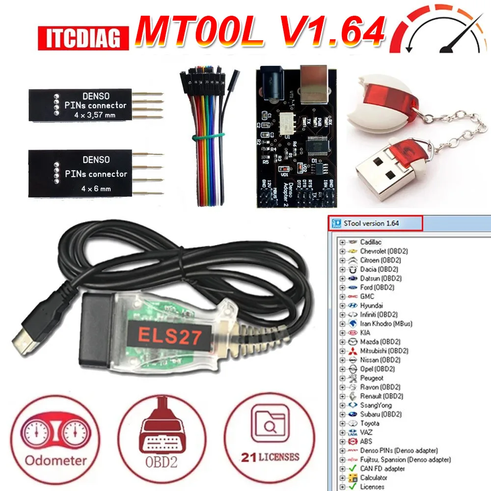 MTool V1.64 Rollback Programming Mileage Adjustment Correction Tool Programеr Software Dongle Denso Adapter Denso Pin Wire Cable