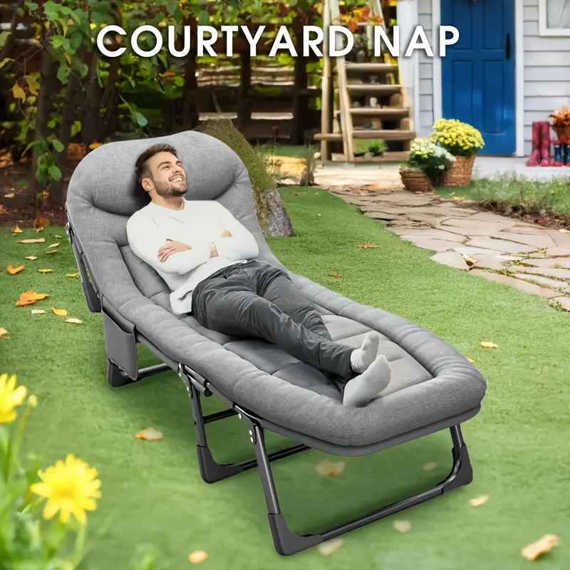 Outdoor Extra Großes Einzelbett mit Verstellbarer Position, Tragbares Klappbares Campingbett mit Kissen, Robuster Starker Bettrahmen