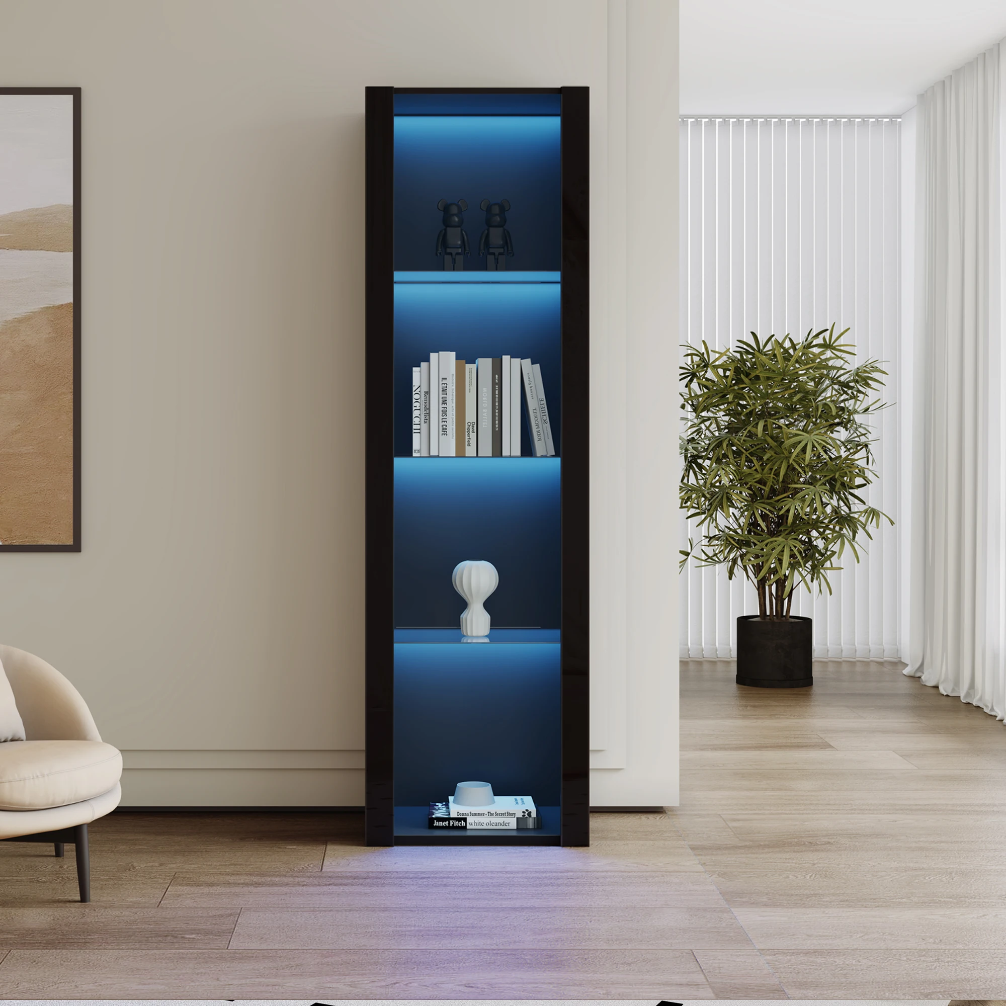 Vitrine noire haute brillance avec éclairage LED, 3 compartiments en verre, 55*38*166cm, vitrine, armoire haute, armoire de rangement