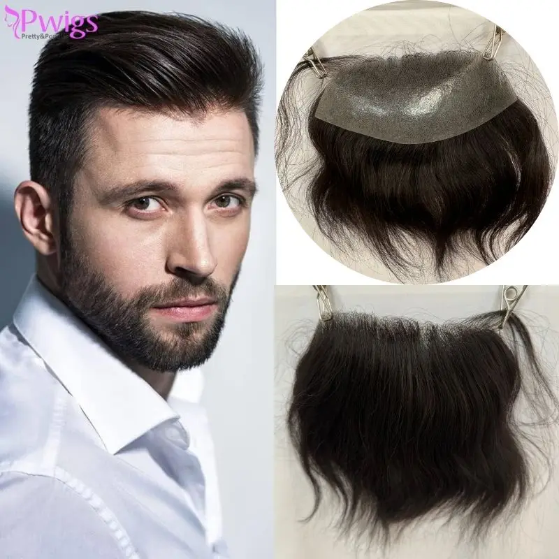 

Pwigs 7X16 cm Men V Frontal Hairline Toupee 100% Human Hair Skin PU Man Hairpieces Topper For Natural Hairline 1B