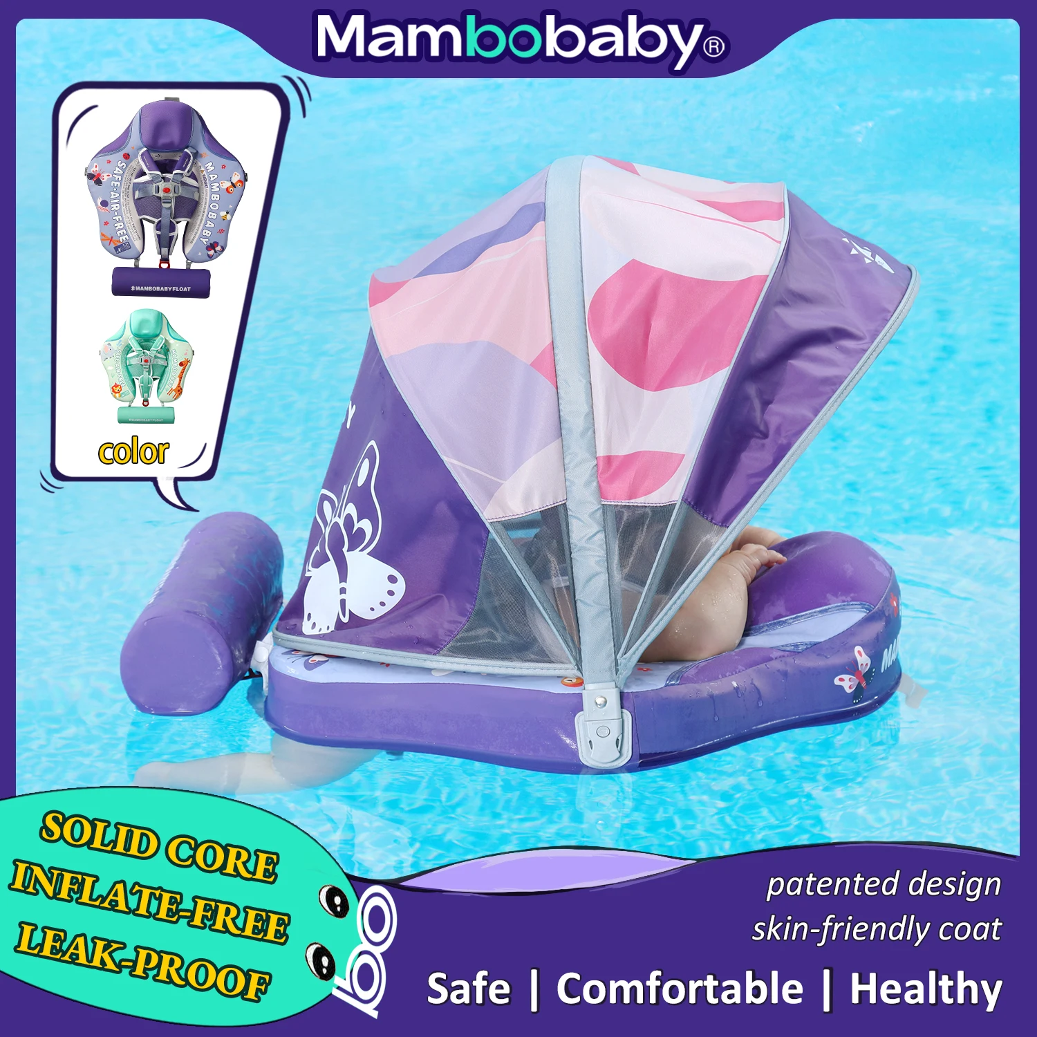 Mambobaby Float No Flip Over Non-Inflatable Baby Swim ring Water Floats Swim Trainer Infant Pool Swimming circle with Sun Canopy