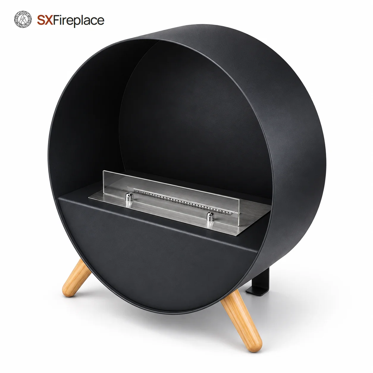 SXRX Black Modern round Freestanding Fireplace with Glass Panel Decorative Living Room Centerpiece