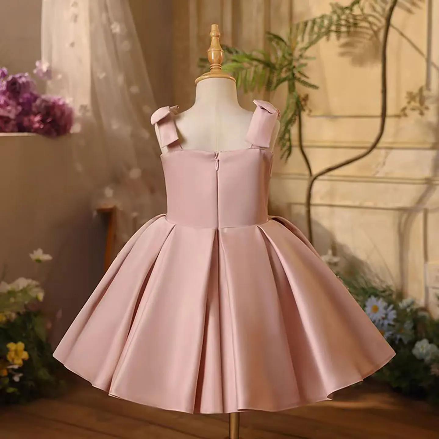 Dreamy Vow D061 Splendido colletto quadrato senza maniche con fiocco in raso rosa per bambina abiti da ragazza di fiore da sera abito da ballo corto da ballo