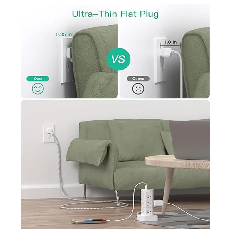 Power Strips with Surge Protection, Flat Plug Power Strip with 12 Outlets 4 USB Ports, Surge Protector Tower 1875W/15A 1080J, 6F