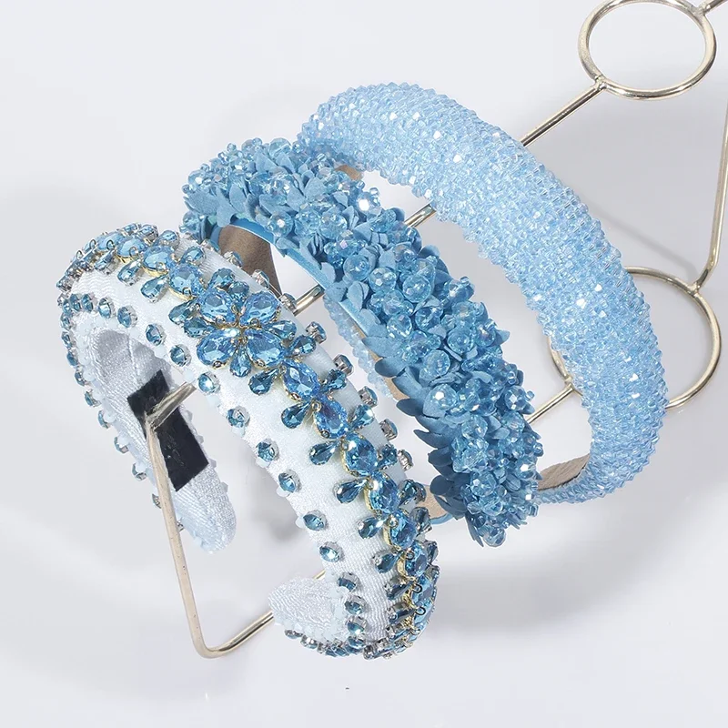 Kobiety niebieski pałąk nowe mody dorywczo kryształ Hairband Rhinestone wyściełane nakrycia głowy Turban klasyczne włosy dla dorosłych akcesoria — zdjęcie 2