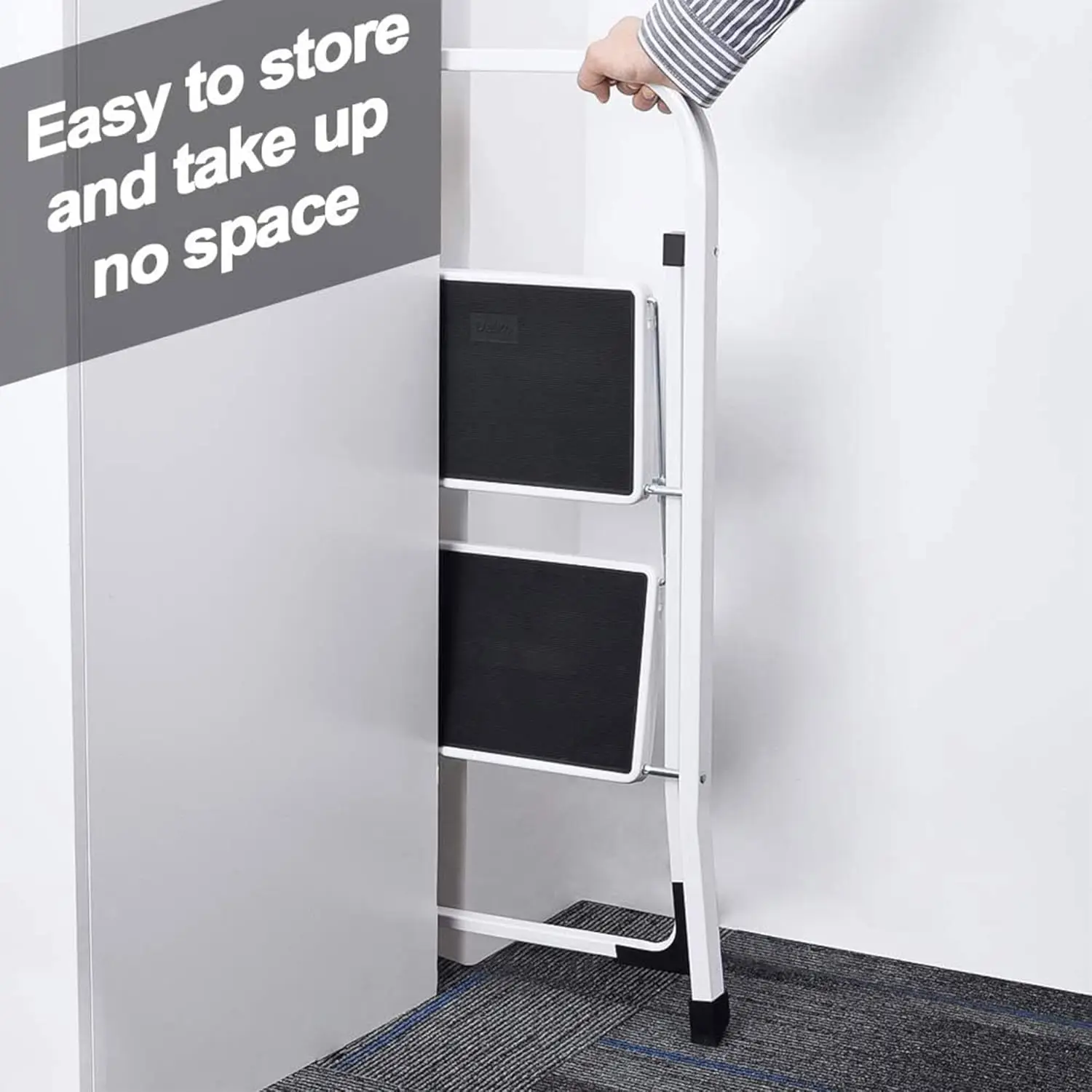 Non-Slip 2 Step Stool Folding Sturdy Steel Wide Step Ladder with Hand Grip and Locking Mechanism for Indoor Household Kitchens