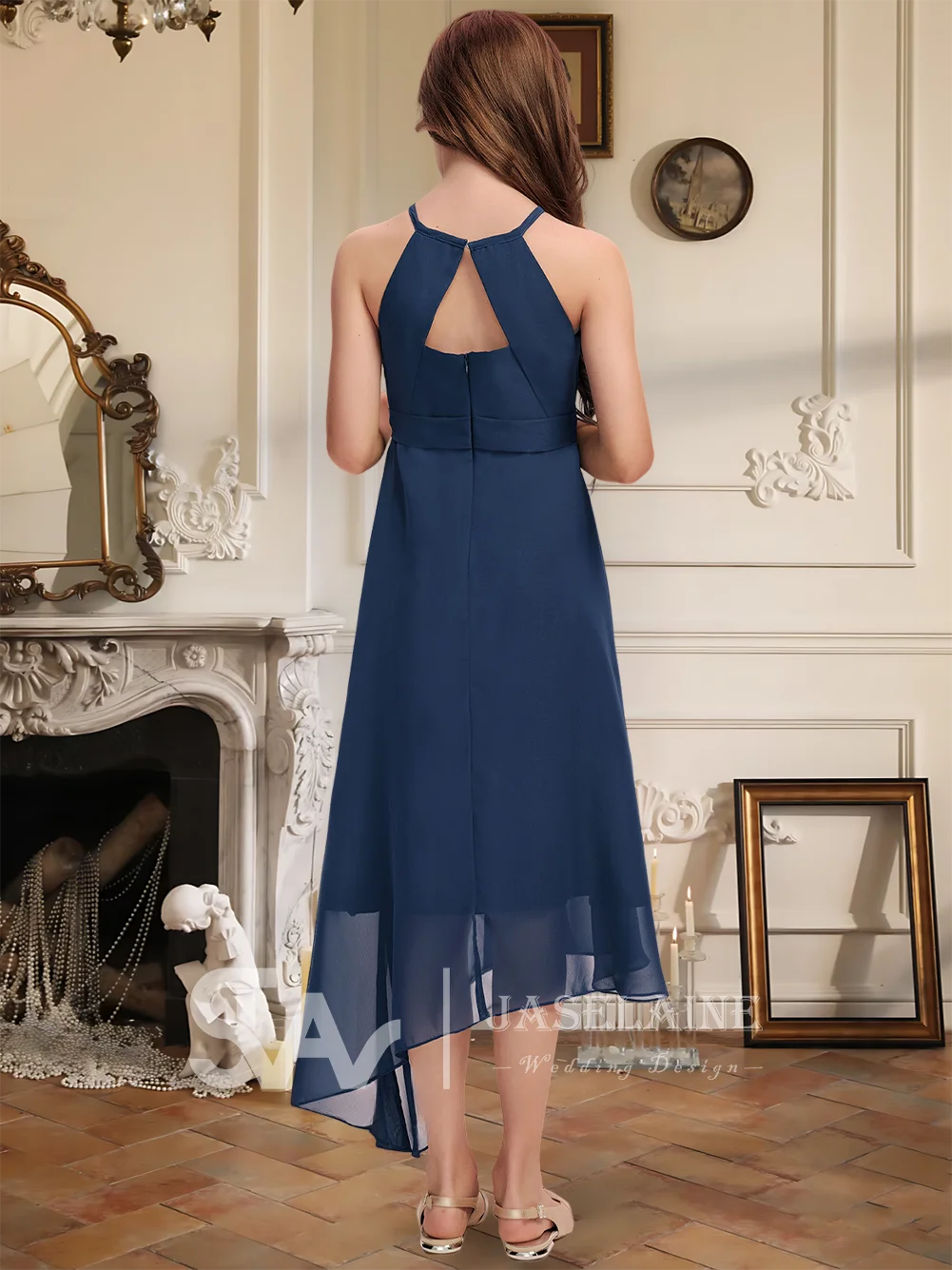 Elegant A-Line Halter Knee Length Chiffon Junior Bridesmaid Dress Pleated Silver Flower Girl Dress Girls Party Wedding Formal