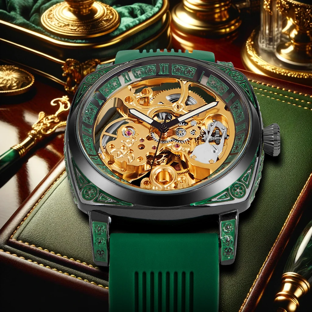 New carved mechanical watches Hollowed out luminous green silicone strap classic Man mechanical  wristwatch