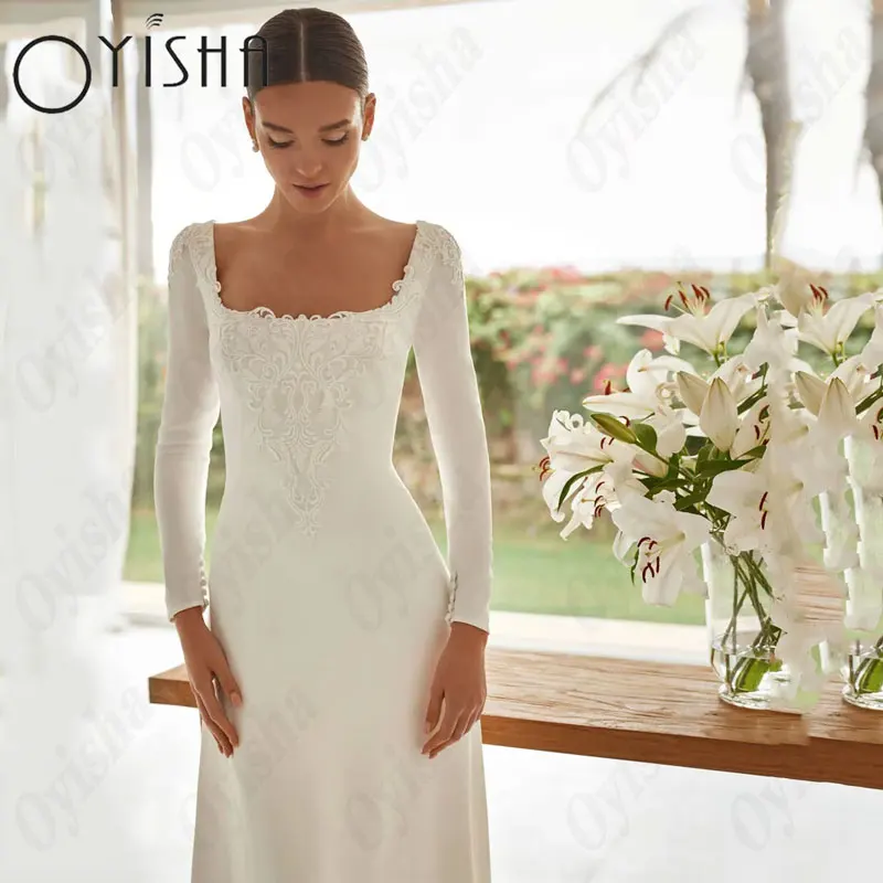 OYISHA A-Line Full Sleeves Wedding Dresses Classic Square Collar Satin Appliques Bridal Gowns Backless White Vestido De Mariages