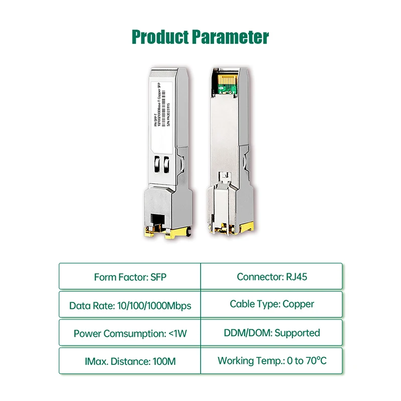 Cisco Mikrotik H3C 아루바 이더넷 광 스위치용 광섬유 RJ45 모듈, 10 100 1000M, 100M 구리 SFP 트랜시버, 1.25G