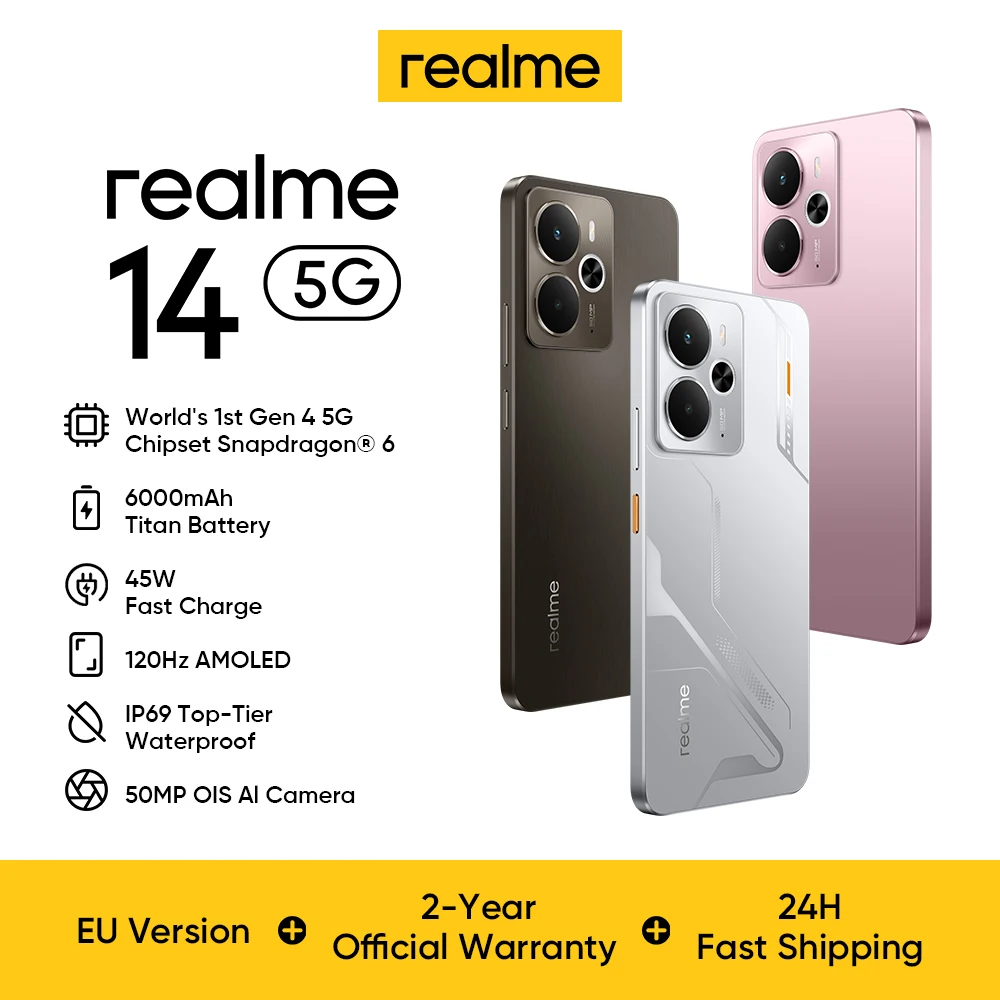 Realme 14 5G Smartphone, Processeur Snapdragon 6 octa core de 4ème génération, Batterie Titan de 6 000 mAh, Écran AMOLED 120Hz de 6,67 pouces, Charge rapide de 45W, Caméra 50 MP, Support NFC