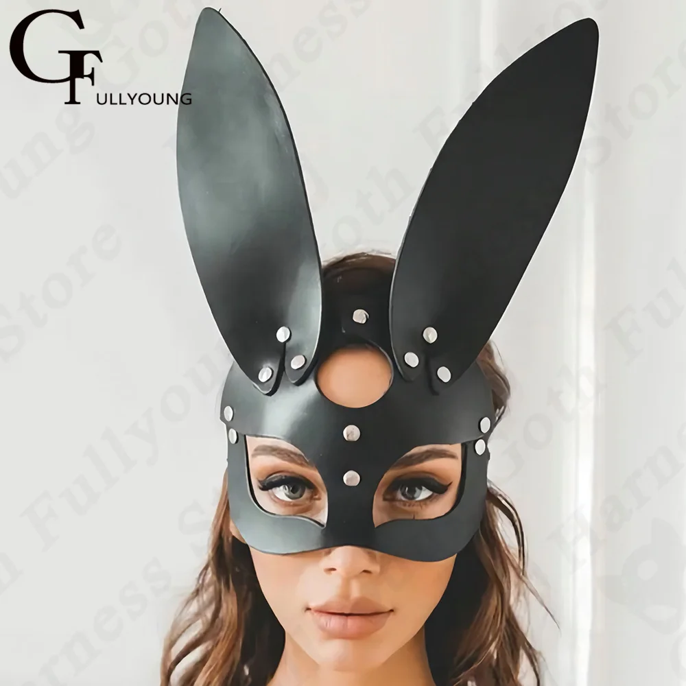 BDSM Face Harness Pu Leather Long Ears Bunny Mask Cosplay Women Fetish Sexy Carnival Festival Masquerade Party Half Eye Facewear